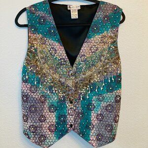 Ana Mori Vintage Blue Purple Beaded Embellished Boho Adjustable Button Vest